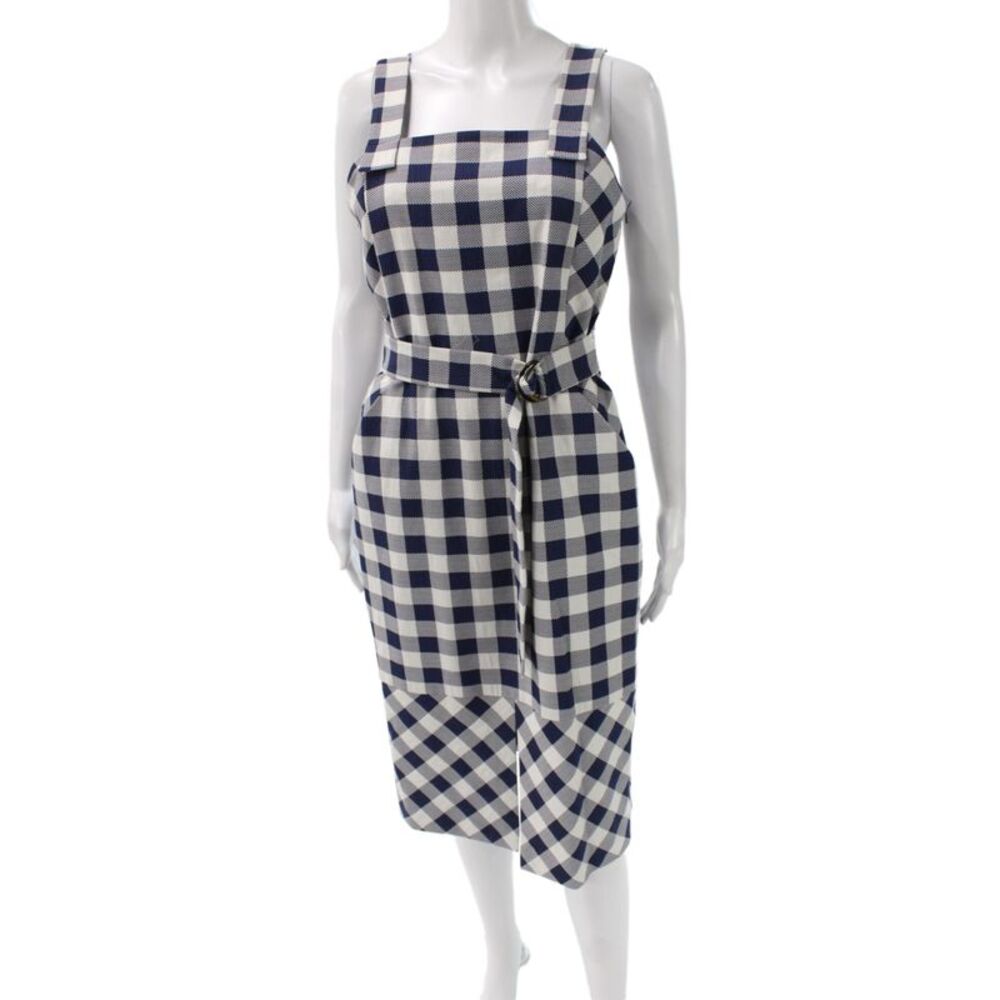 Whistles Women Overall Dress Blue Check Square Neck Sleeveless Size 8